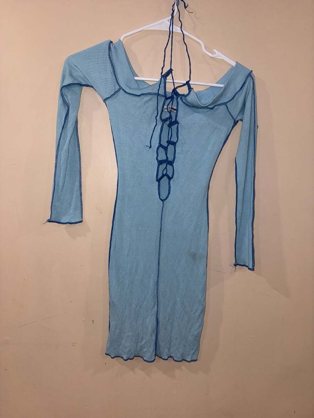 Fashion Nova Unraveled Distressed Sweater Mini Dress Size M Blue
